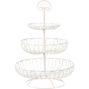 Fruit Basket Bowl - 3 Tier Metal Serving Basket Display Storage Stand Holder for Vegetable Produce Snack Bread – Cream White, 18.25 Inches Tall