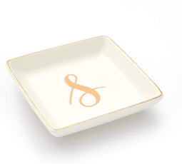 Letter S Ceramic Trinket Tray, Monogram Initials Jewelry Dish (4 x 4 Inches)