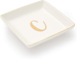 Letter C Ceramic Trinket Tray, Monogram Initials Jewelry Dish (4 x 4 Inches)