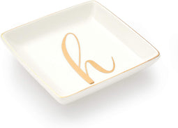 Letter H Ceramic Trinket Tray, Monogram Initials Jewelry Dish (4 x 4 Inches)
