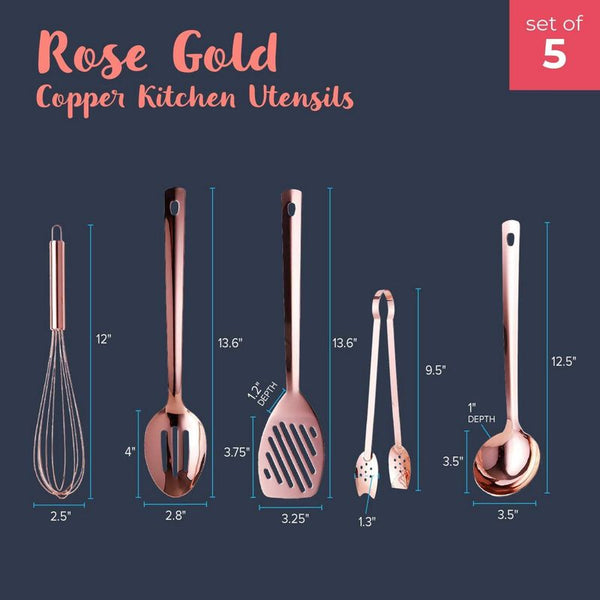 5 Pcs Copper Cooking Utensils Set, Rose Gold Cookware with Ladle, Whisk,  Tongs, Slotted Spatula, Spoon, Copper Kitchen Tool Set, Cooking Accessories  and Serving Utensils