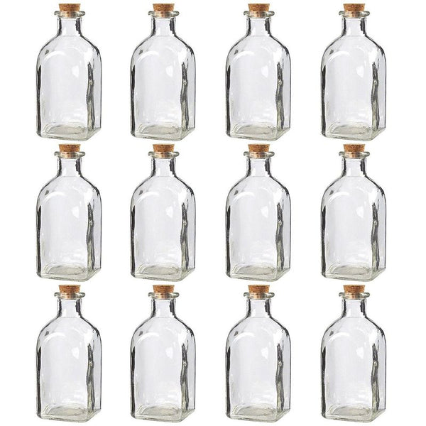 Juvale 12 Pack Clear 6 oz Glass Bottles with Cork Lids, Tiny Vintage Style Potion Vases for Party Favors, DIY Crafts (180 ml)