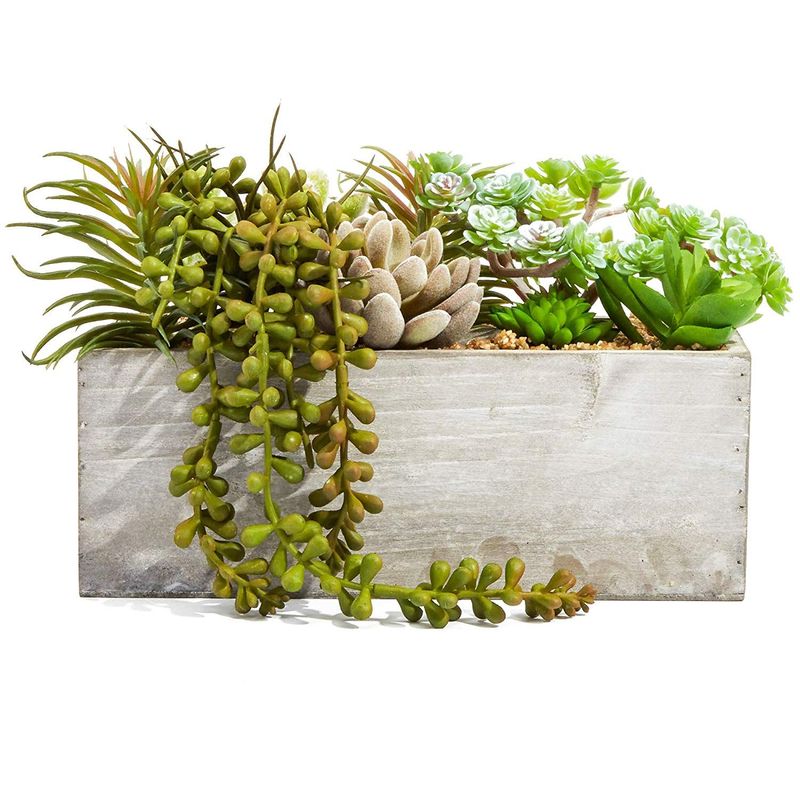 Juvale Artificial Mixed Succulent Plants in Rectangular Wooden Planter Box (9 x 4 in.)