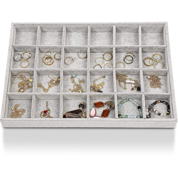 Gray Velvet 24 Grid Stackable Jewelry Tray Display, Ring and Earring  Storage Organizer Drawer (13.5 x 9.5 x 1.2 In)
