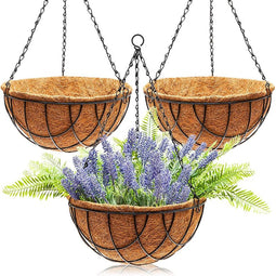 Metal Hanging Planter Flower Basket with Coco Coir Liner, Porch Decor (12 in, 3 Pack)