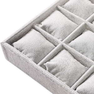 Watch and Jewelry Display Tray with Grid Pillows (Grey, Velvet)