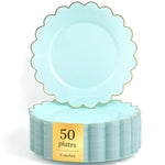 Sparkle and Bash Bulk 50 Pack Scalloped Plates - 9 Inch Baby Blue Plastic Plate with Elegant Gold Rim - Fancy Disposable P...