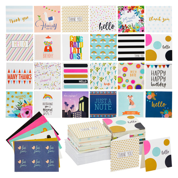 72 Pack Mini Note Cards with Envelopes and Stickers, All Occasions Greeting Cards for Flower Bouquets, Gifts, 24 Assorted Designs (2.5 x 2.5 In)