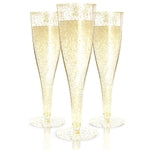 Prestee 200 Disposable Champagne Flutes Gold Glitter Glasses - 4.5 Oz Plastic Champagne Cups for Parties, Wedding Toasts, ...