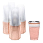 50 Pack Disposable Plastic Cups by Prestee - 14 oz Rose Gold Rimmed Plastic Wine Glasses - Heavy Duty, Pink Rim Cup - Disp...