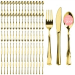 Prestee 300 Count Gold Plastic Silverware Set - Heavy Duty Disposable Cutlery with 100 Forks, 100 Spoons, and 100 Knives -...