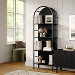 Stead 4-Tier Arched Wood Book Shelf - Black Metal Frame, Wood Panel Backing - Arched Bookcase with Backing, Narrow Black B...