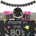 Sparkle and Bash 80s Birthday Party Decorations Set - 146-Piece Serves 24 Black Table Cover (54 x 108 in) - Neon Geometric...