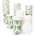 BLUE PANDA Disposable Coffee Cups with Lids - 16 Oz, 48 Count, Tropical Green Leaf Design - Paper Cups to Go for Parties &...