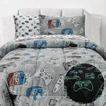 Kids Rule Glow in The Dark Gamer Bedding Set - Glow in The Dark Gamer Comforter - Vibrant Game Controller Print & Gaming S...