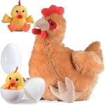 PREXTEX Hen Toy with Two Plastic Easter Eggs and Cute Baby Chicks Inside - Big Mommy Hen Plush with Chicks Zippered in Egg...