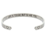 Inspirational 7" Silver Cuff Bracelet for Women, Motivational Engraved Bangle, Life is Tough but So Are You (One Size Fits...