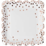 48 Pack Scalloped Rose Gold Paper Plates, Foil Polka Dots Square Plate for Wedding, Birthday Party Supplies Decorations, 9 in