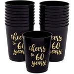 Sparkle and Bash Plastic Party Cups for 60th Birthday Decorations for Men - 16 Pack, 16 Oz, Black, Cheers to 60 Years Gold...