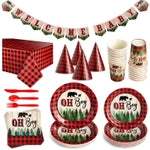 Sparkle and Bash Oh Boy Buffalo Plaid Plates & Napkins Set - 94 Piece, Red & Black Lumberjack Table Decorations - Little L...