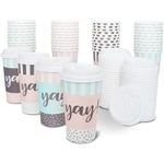 BLUE PANDA Disposable Coffee Cups with Lids - 48-Pack 16 Oz Paper Cups - Polka Dot & Stripe Design for Birthday Parties, W...
