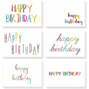 48 Pack Bulk Birthday Cards with Envelopes, 6 Assorted Colorful Rainbow Fonts for Work, Office, Students (4x6 in)