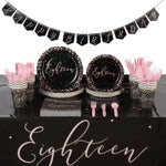 Sparkle and Bash 18th Birthday Banner & Party Tableware Set - 170-Piece Pink & Black Polka Dot - Sturdy Dinner Plates, Nap...
