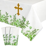 Sparkle and Bash Baptism Tablecloths - 3-Pack, 54 x 108 in, Gold Plastic - Disposable Religious Table Decor for Baptism, F...