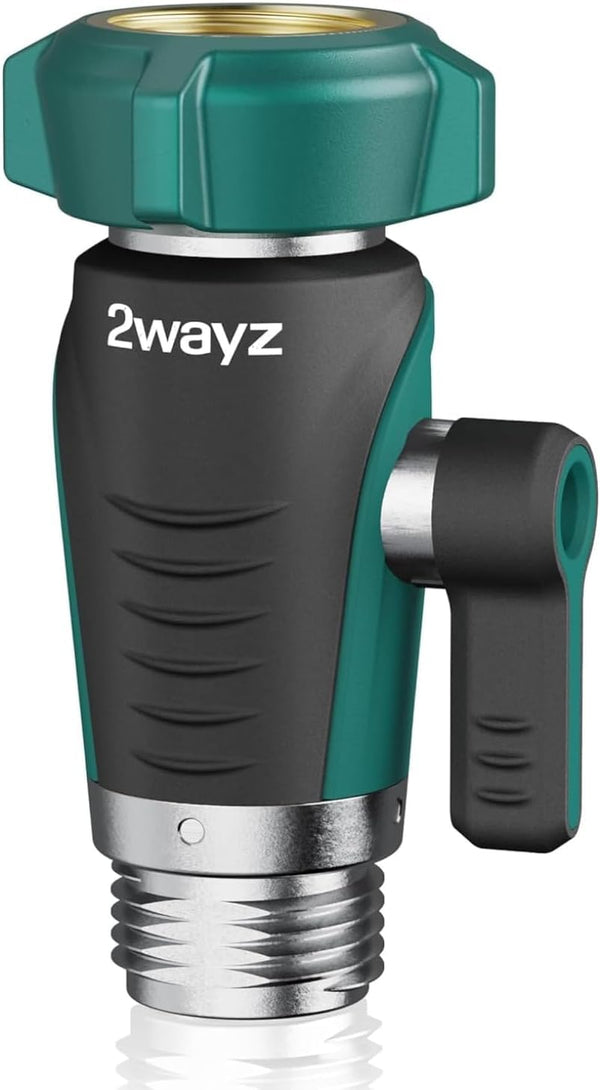 2WAYZ 0° Garden Hose Shut Off Valve - 3/4" Inlet & Outlet Heavy Duty Hose Connector - Full Metal Water Adapter with Large 1.6" Knob - 2.3 x 1.9 x 3.6 Inch Outdoor Fitting (Green and Black) - image 1