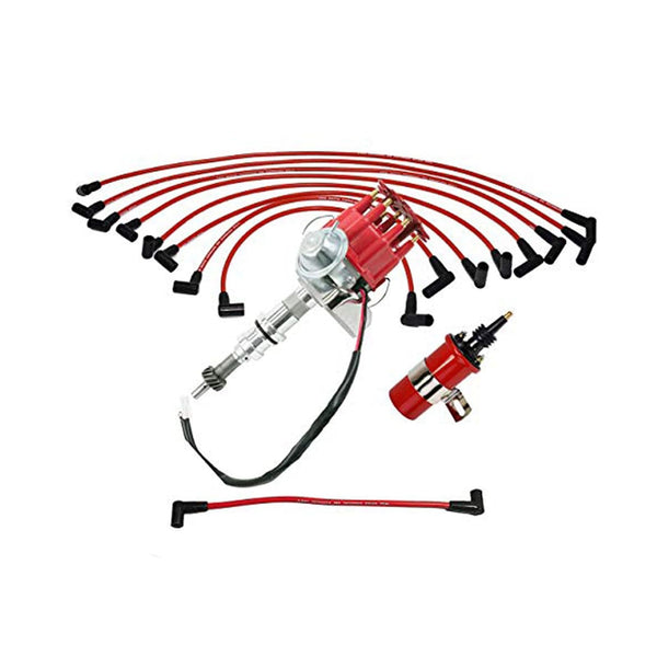 A-Team Performance - Ready 2 Run Distributor, 8.0mm Spark Plug Wires, 45k Volts Canister Coil, and Coil Wire - Compatible with Ford Small Block SBF 221 260 289 302 Two-Wire Installation Red Cap - image 1