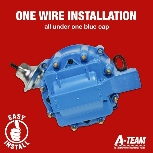 A-Team Performance HEI Electronic Distributor - 65K Spark & Performance Coil - One Wire Installation & Compatible with Ford 260/289/302/5.0 V8 - Blue Distributor Cap & CNC Aluminum Shaft - Pack of 1 - image 1