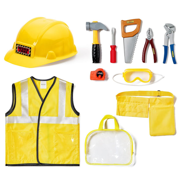 BLUE PANDA Kids Construction Vest & Hard Hat Costume Set - Small Yellow - 10-Piece Builder Kit with Tool Belt, Hammer, Saw & Goggles - Construction Accessories for Toddlers - image 1