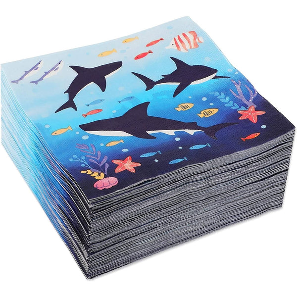 BLUE PANDA Shark Paper Napkins - Absorbent Dinner Napkins - Disposable Party Supply for Sea Party - Under Sea Decor - 2-Ply, 6.5 x 6.5 in Folded, Pack of 100 - image 1