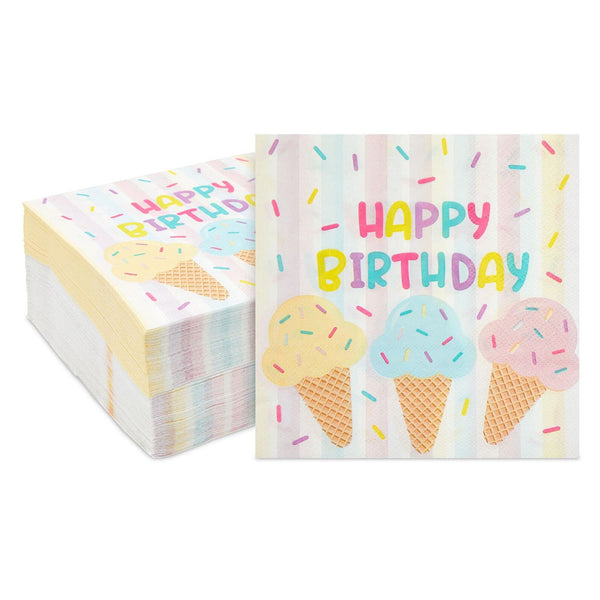 BLUE PANDA Birthday Napkins for Ice Cream Birthday Party Decorations & Supplies - 6.5 x 6.5 In Folded, 100 Pack, Pastel Multicolor, 2-Ply - image 1