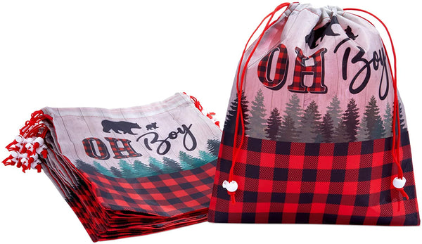 12 Pack Lumberjack Buffalo Plaid Drawstring Gift Bags for Boys Baby Shower & Kids Birthday Party Favors Goodie Bag, 10 x 12 in - image 1