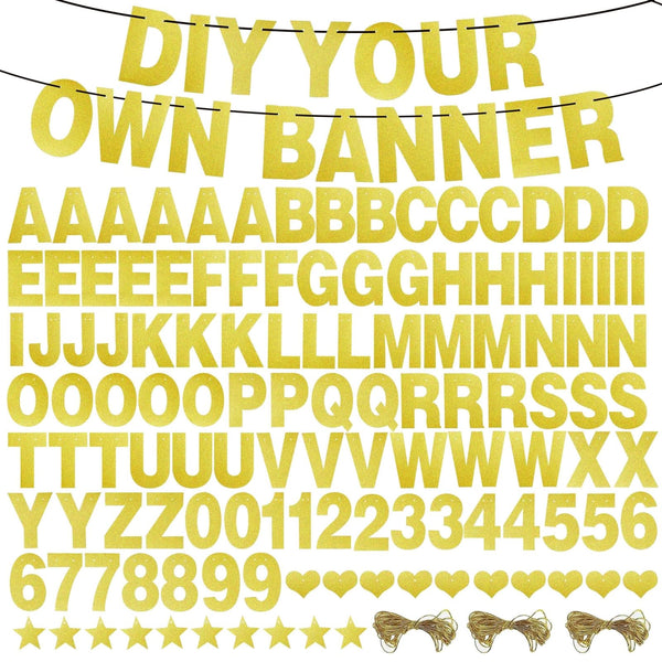 Blue Panda DIY banner Kit - 126 Pieces, Gold Glitter, Letters A-Z & Numbers 0-9 with Stars, Hearts & 3 Strings - DIY Banner Gold, Create Your Own Garland & DIY-decorated Party Decor - image 1