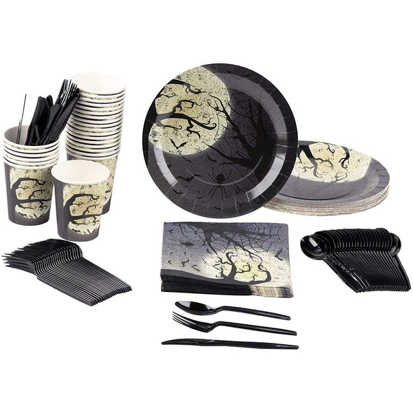 BLUE PANDA Disposable Paper Plates Dinnerware Set - 9-Inch Black, 144-Piece, Serves 24 - Halloween Party Plates & Cups with Napkins & Cutlery - Full Moon & Bats Design - image 1