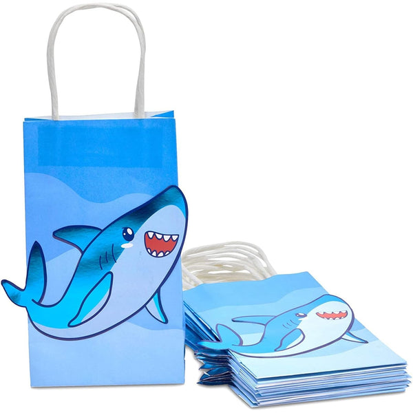 BLUE PANDA 15 Pack Shark Theme Gift Bags - 9 x 5.3 x 3.15 In - Blue Kraft Paper & Sturdy Handles - Kids Party Favor Bags & Under Sea Party Decor - image 1