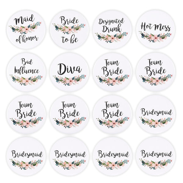 BLUE PANDA Team Bride Accessories Wedding Party Pins - 16 Pack White Lapel Buttons, 8 Designs - Bridesmaids Pins for Bachelorette Party Favors - image 1