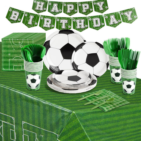 BLUE PANDA 171-Piece Soccer Party Decoration Set - Serves 24, Green Soccer Ball Pattern - Includes Cups, Plates & Napkins - Birthday Banner & Tablecloth for Birthday Party Decoration - image 1
