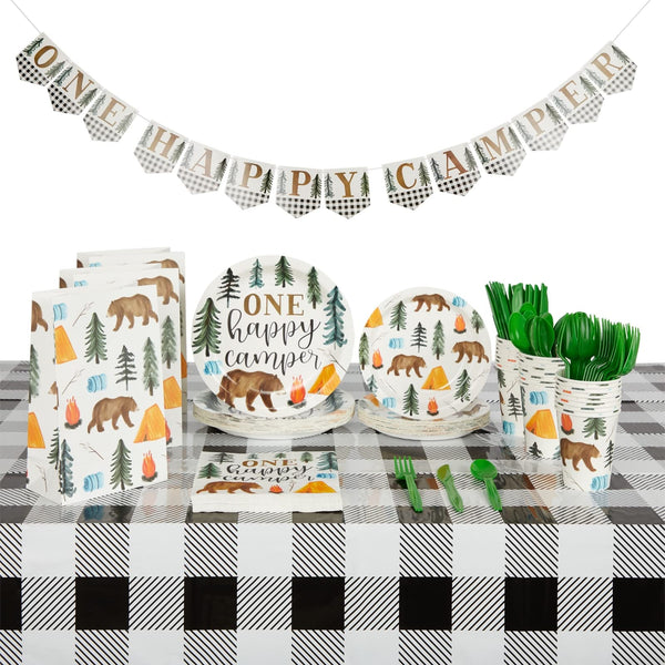 BLUE PANDA Camping 1st Birthday Party Dinnerware - One Happy Camper Birthday Decorations - Camping-Themed Party Decorations, Celebration Supplies for Boys and Kids (Serves 24 Camper Decor) - image 1