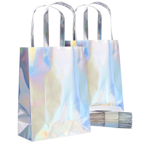 BLUE PANDA Holographic Gift Bags with Handles - 20 Pack, Silver 7 x 9 x 3.1 in - Reusable Paper Goody Bags for Party Favors, Wedding, Birthday, Baby Shower - image 1
