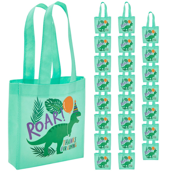 BLUE PANDA 24-Pack Small Dinosaur Tote Party Favor Bags - 6.5 x 7 x 1.8 in Green Non-Woven with Handles - Reusable Dino Goodie & Gift Bags for Kids Birthday - Dinosaur Birthday Decorations - image 1