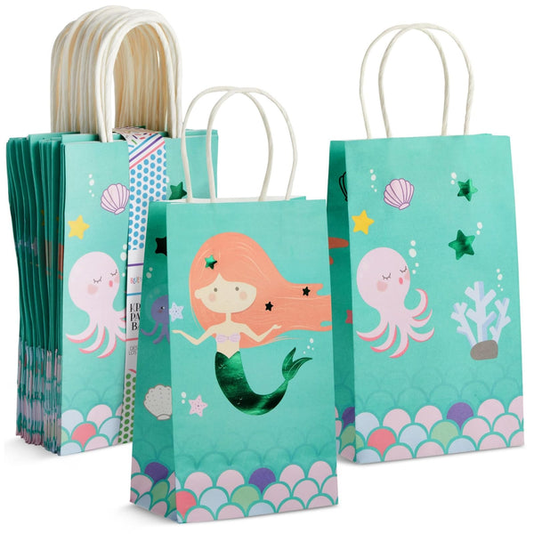 BLUE PANDA Mermaid Goodie Bags - 24 Mermaid Party Favors - Candy Buffet Treat Bags with Handle for Birthday Party Decoration & Undersea Goodies - Pack of 24, 5.3 x 3.2 x 9 in - image 1