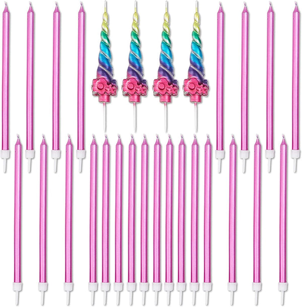 Blue Panda Rainbow Unicorn Horn Cake Candles & Holders - 28-Pack Metallic & Pink - Fun Birthday Candles & Rainbow Party Decor - image 1