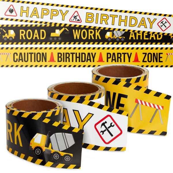 Blue Panda Construction Birthday Party Supplies Tape - 3 Rolls, 3 in x 100 Ft, Black, Yellow & White - Birthday Caution & Construction Tape Roll for Party Decorations - image 1