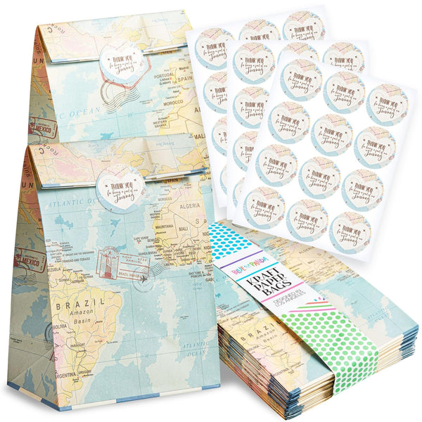 BLUE PANDA World Map Goodie Bags - 36 Pack, 8.7 x 5.15 x 5.15 In - Map Paper Bags with Thank You Stickers & Reinforced Bottom - image 1