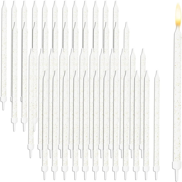 48-Pack Metallic White Glitter Confetti Long Thin Birthday Cake Candles 5-Inch with Holders - image 1