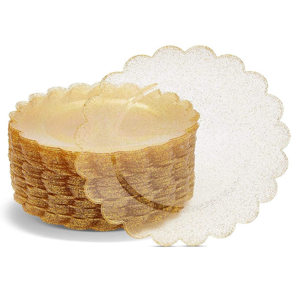 50-Pack Gold Plastic Plates - Gold Glitter Plates with Scalloped Edges, Disposable for Birthdays, Weddings, Bridal Shower, 9 inches - image 1