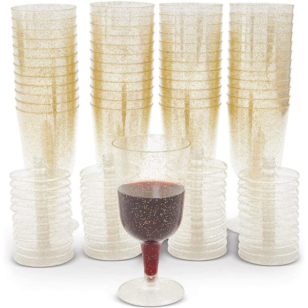 BLUE PANDA Disposable Plastic Wine Glasses - 7 oz, Clear, 50 Pack - Gold Glitter - Reusable & Shatterproof Party Cups - image 1